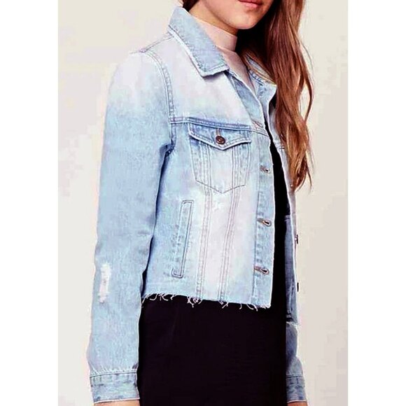 Forever 21 Women's Sequined back Denim trucker Jacket, light blue, Small - Picture 3 of 7